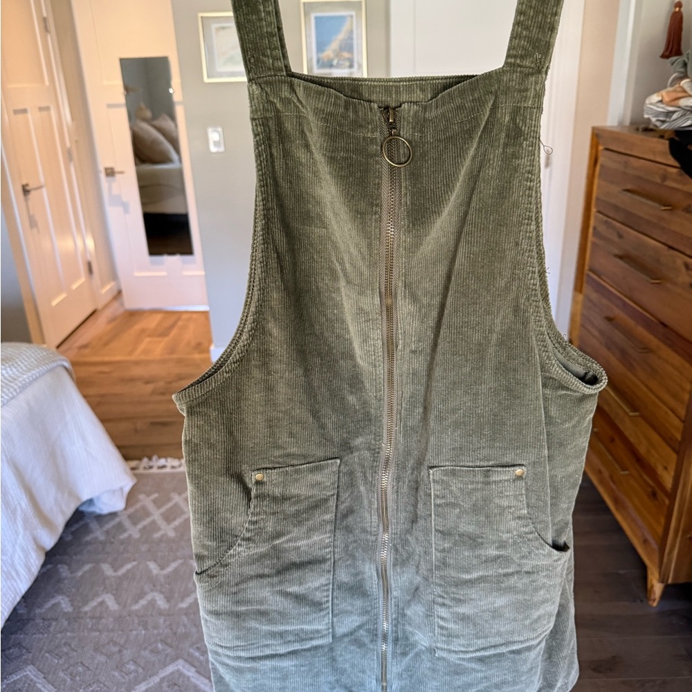 She + Sky Olive Green Corduroy Pinafore Mini Dress
